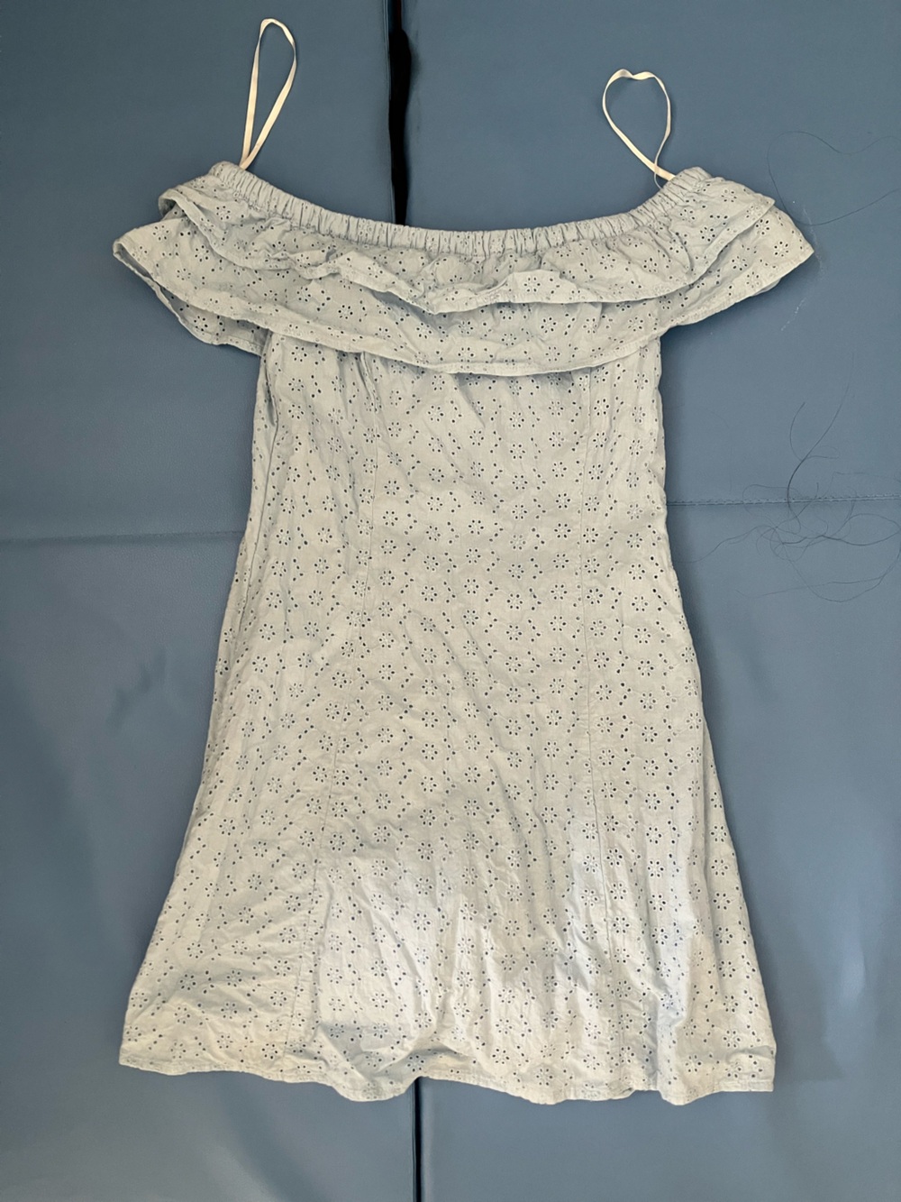 Blue eyelet off shoulder ruffle dress